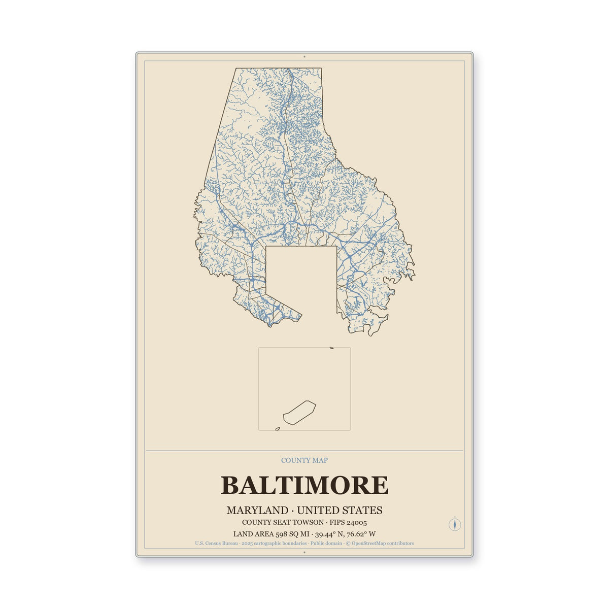 Baltimore County, Maryland Map Aluminum Sign in Heritage Nautical style