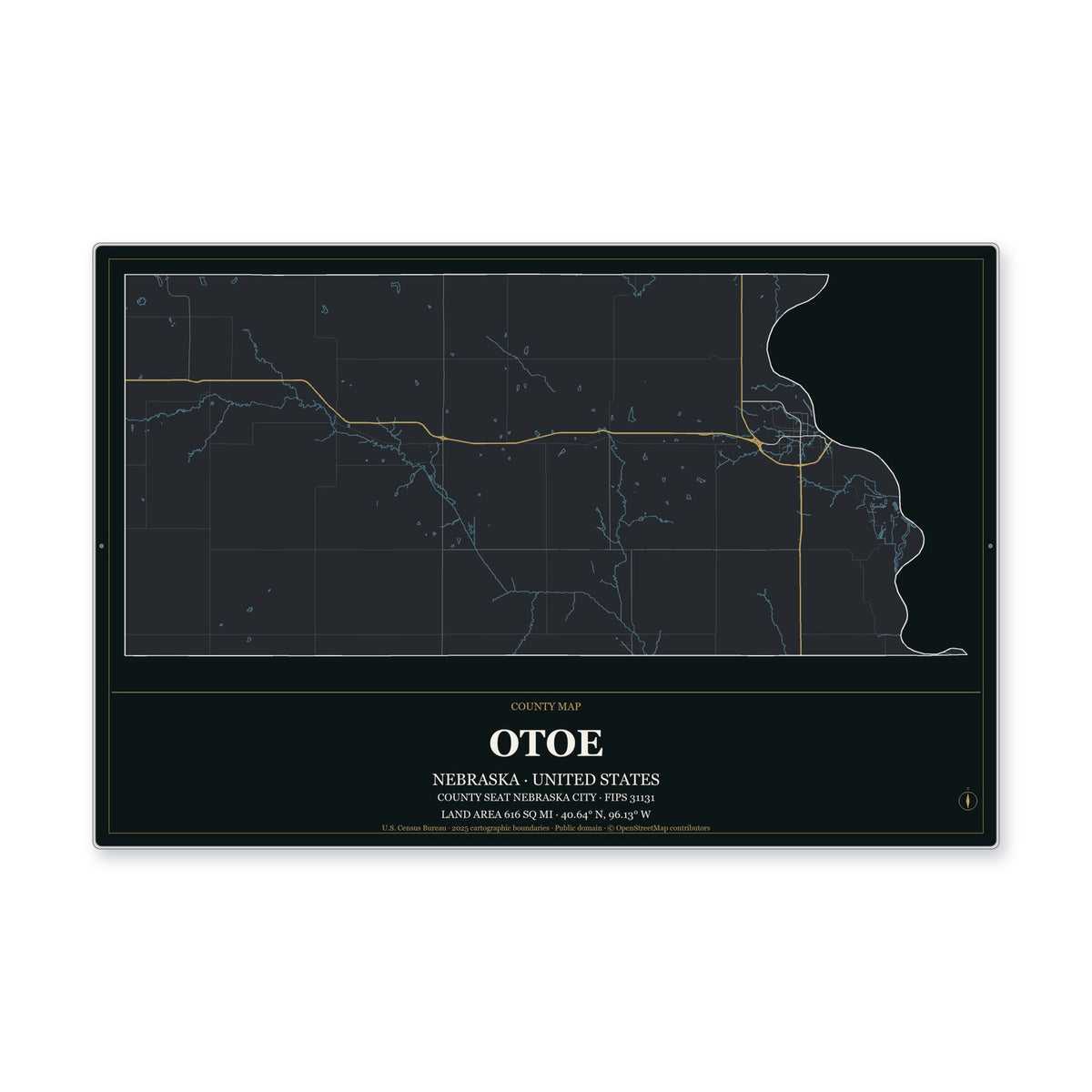 Otoe County, Nebraska Map Aluminum Sign in Metropolitan Noir style