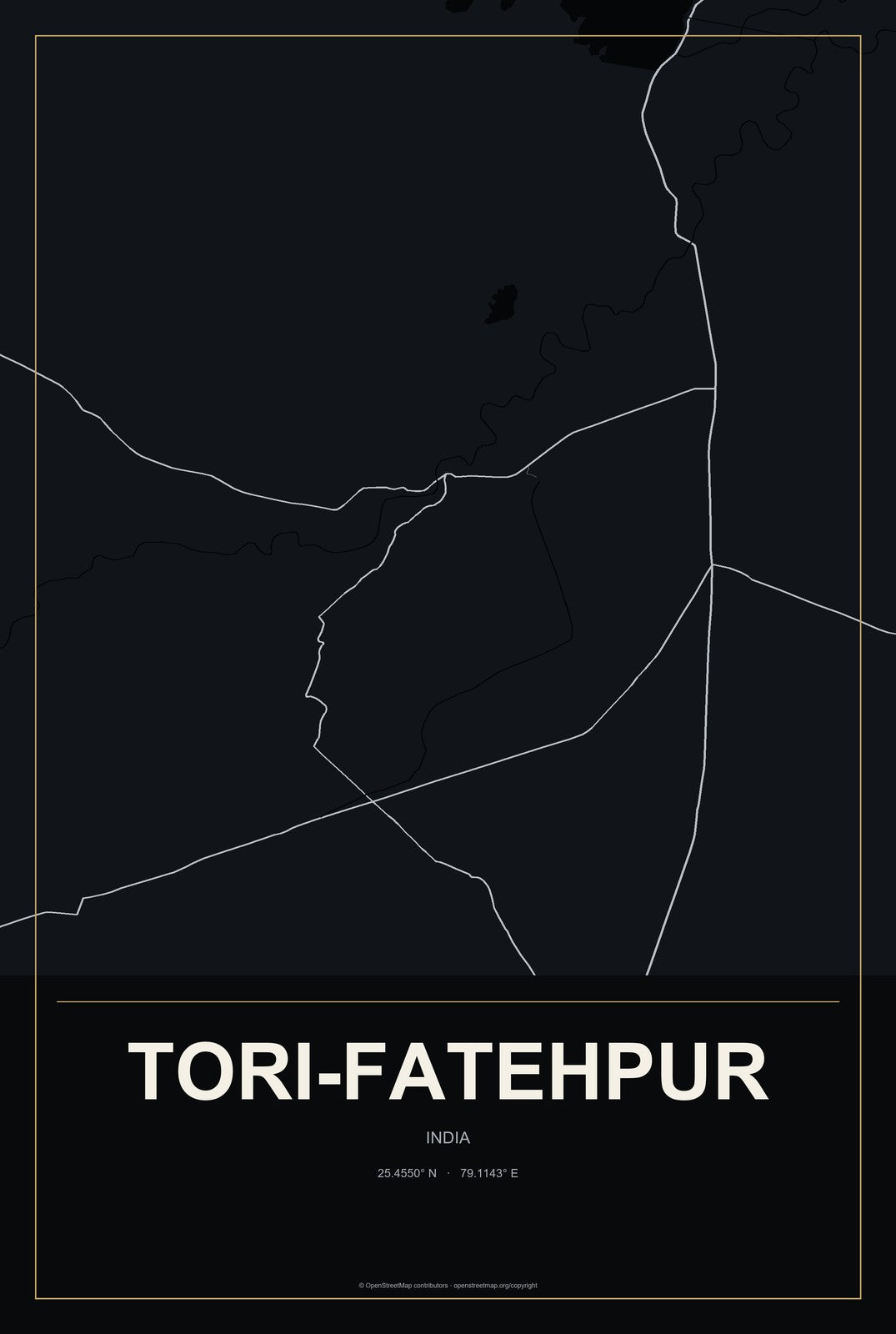 Tori-Fatehpur, India City Map Aluminum Sign in Metropolitan Noir style