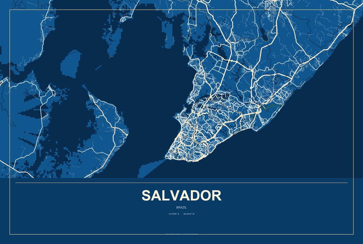 Salvador, Brazil City Map Aluminum Sign in Harbor Cobalt style