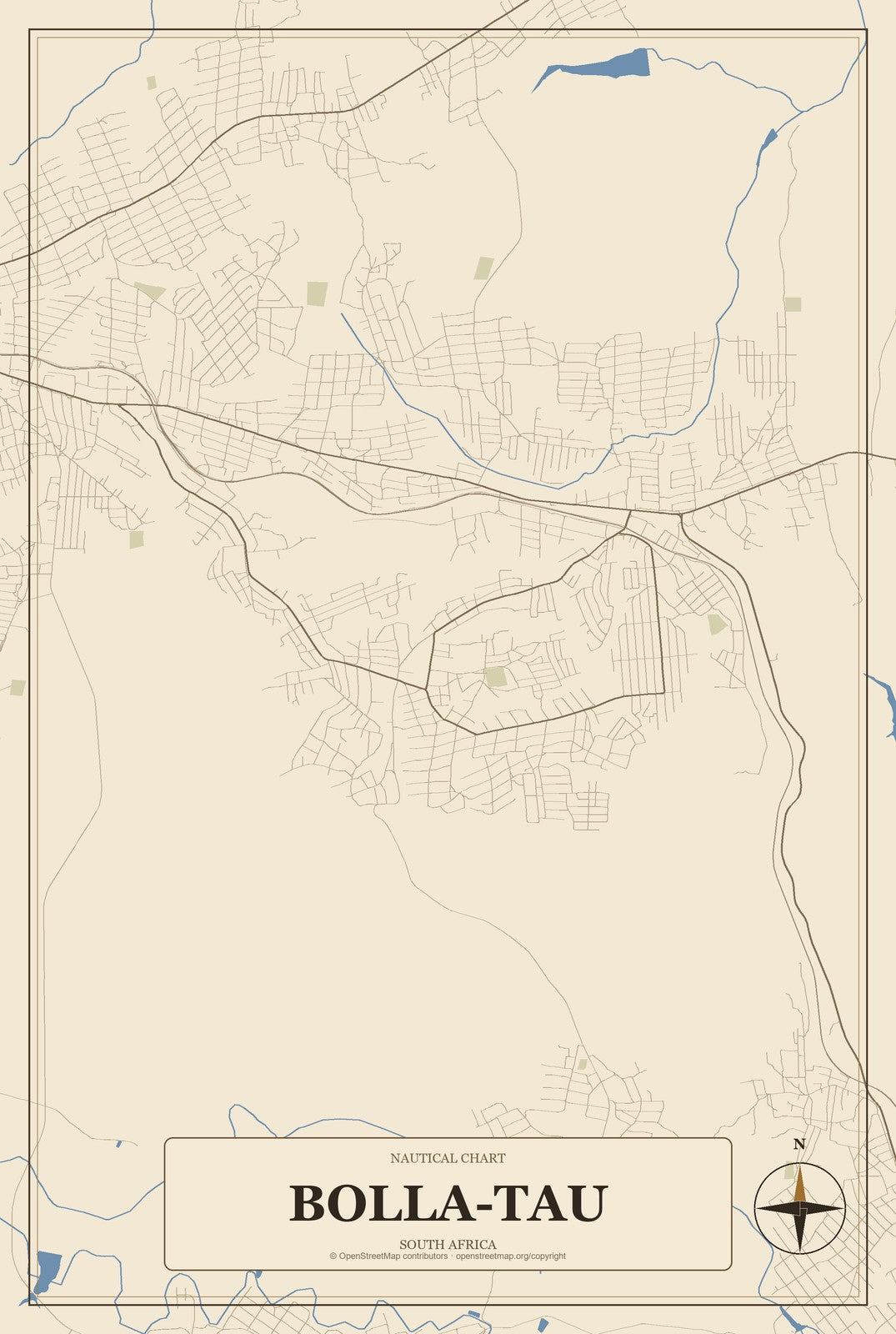 Bolla-Tau, South Africa City Map Aluminum Sign in Heritage Nautical style