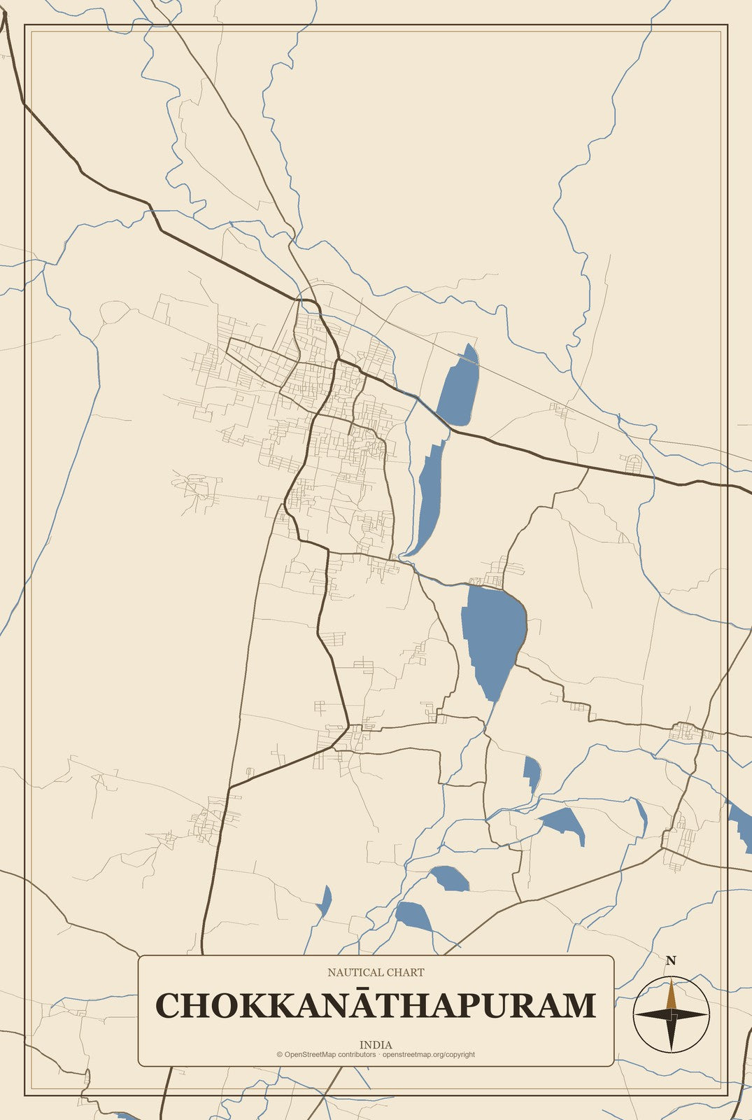 Chokkanāthapuram, India City Map Aluminum Sign in Heritage Nautical style