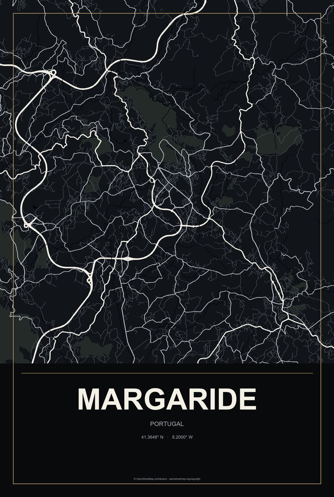 Margaride, Portugal City Map Aluminum Sign in Metropolitan Noir style