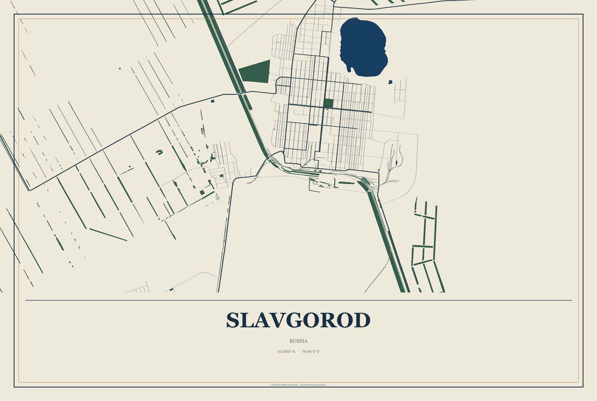 Slavgorod, Russia City Map Aluminum Sign in Coastal Cutout style