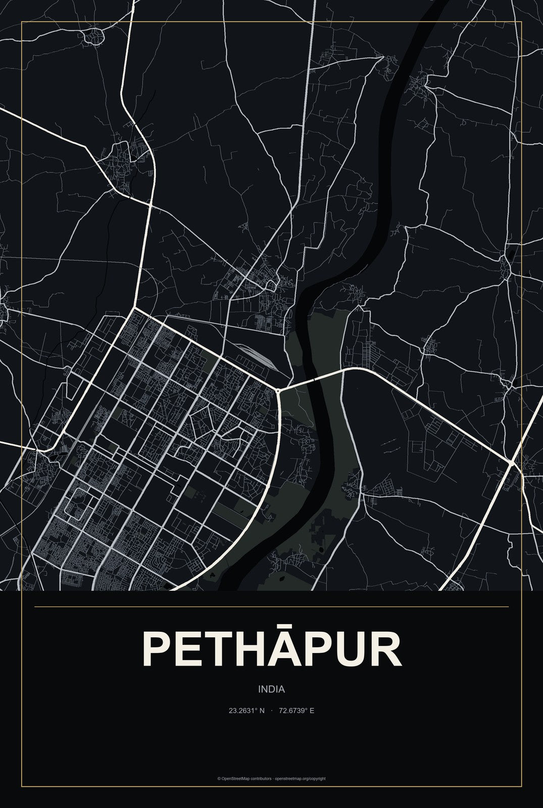 Pethāpur, India City Map Aluminum Sign in Metropolitan Noir style