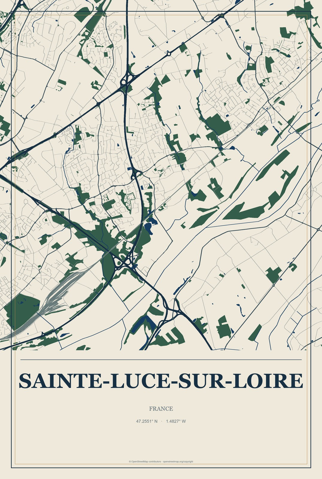 Sainte-Luce-sur-Loire, France City Map Aluminum Sign in Coastal Cutout style