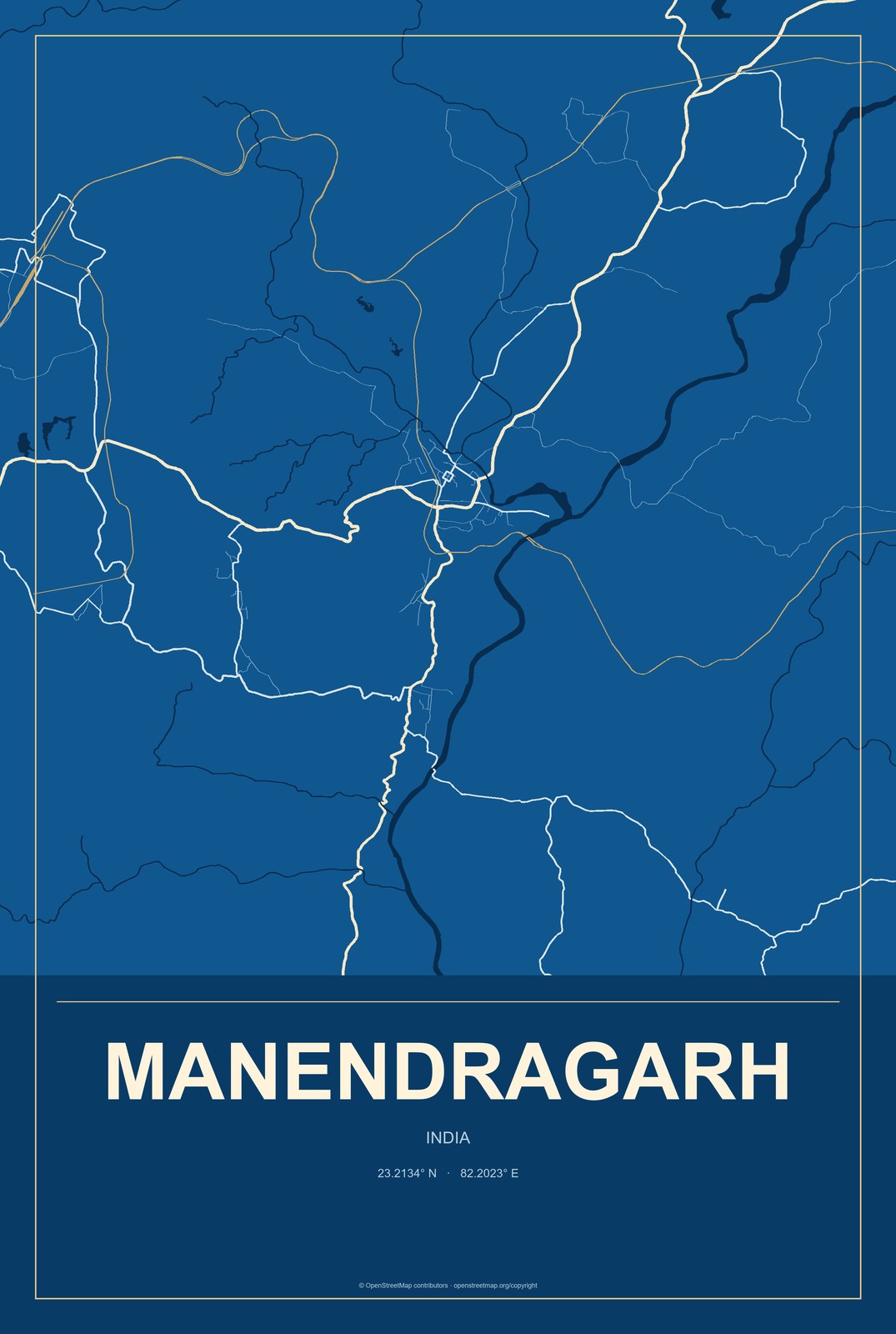 Manendragarh, India City Map Aluminum Sign in Harbor Cobalt style