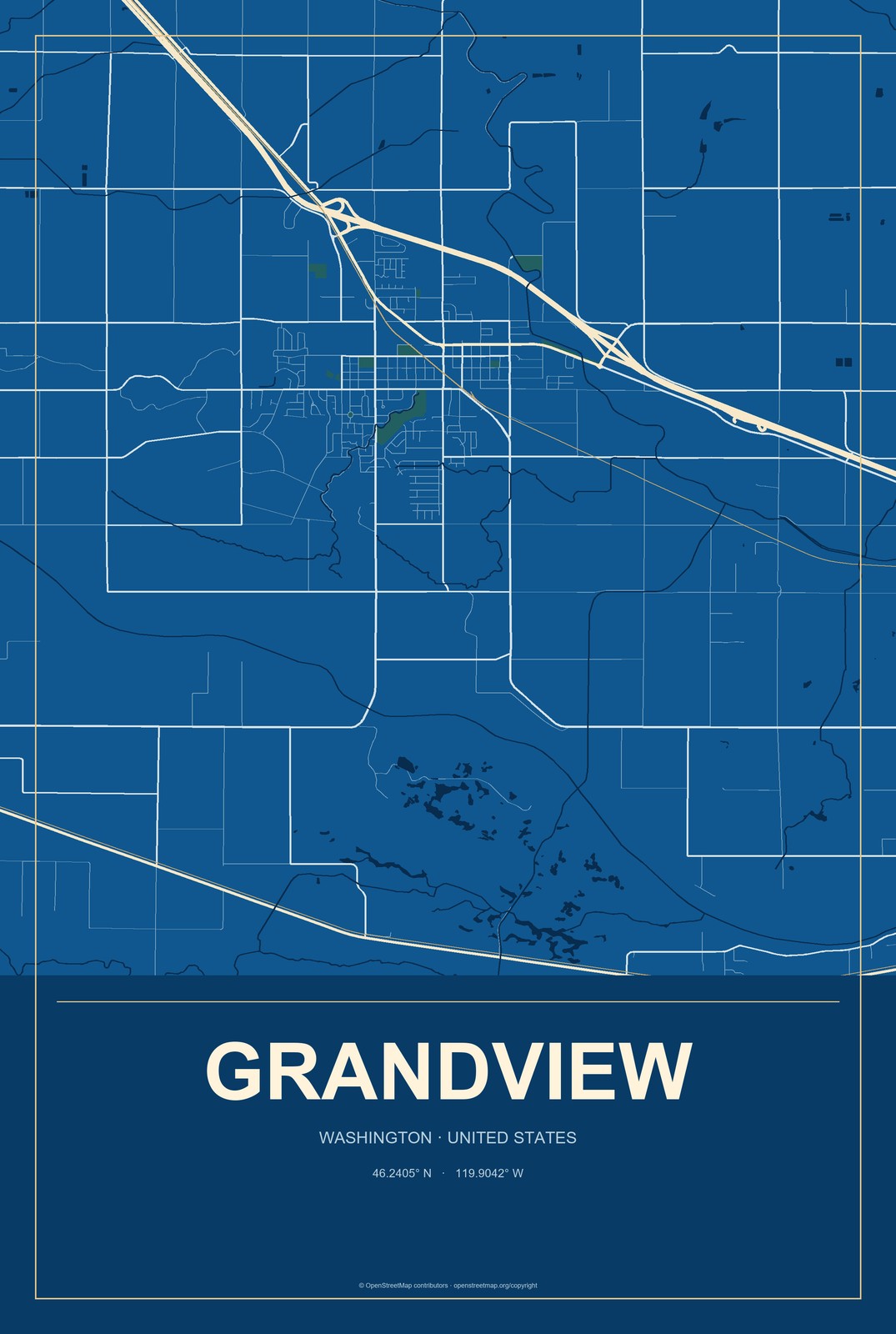 Grandview, Washington City Map Aluminum Sign in Harbor Cobalt style