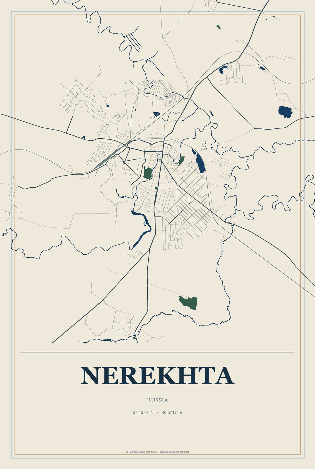 Nerekhta, Russia City Map Aluminum Sign in Coastal Cutout style