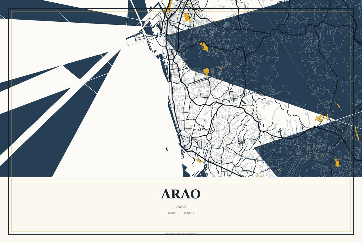 Arao, Japan City Map Aluminum Sign in Citrine Modern style
