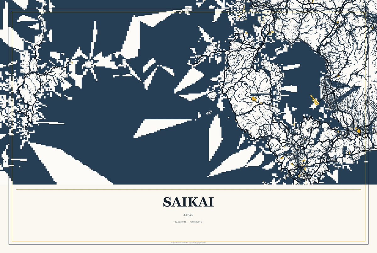 Saikai, Japan City Map Aluminum Sign in Citrine Modern style
