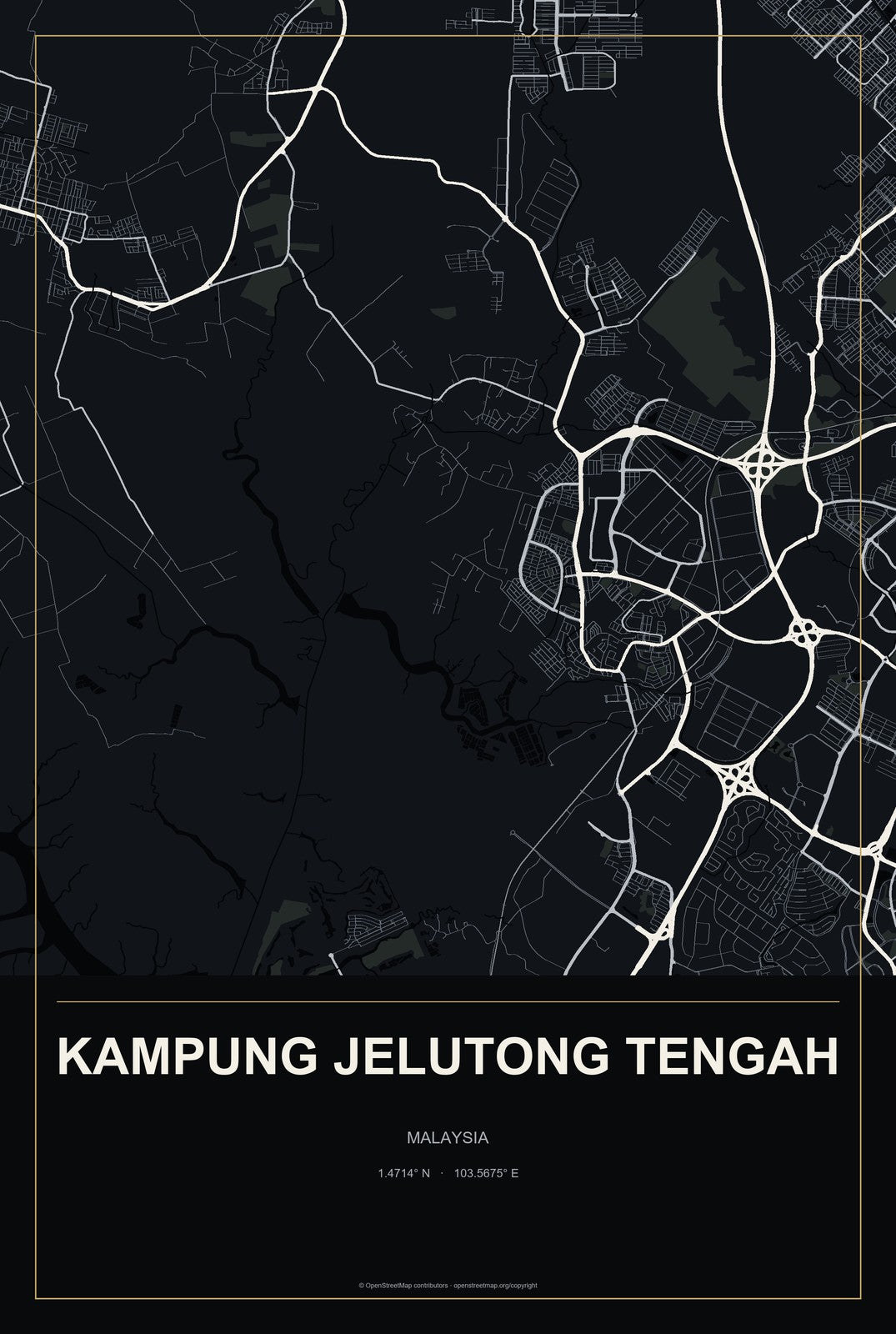 Kampung Jelutong Tengah, Malaysia City Map Aluminum Sign in Metropolitan Noir style