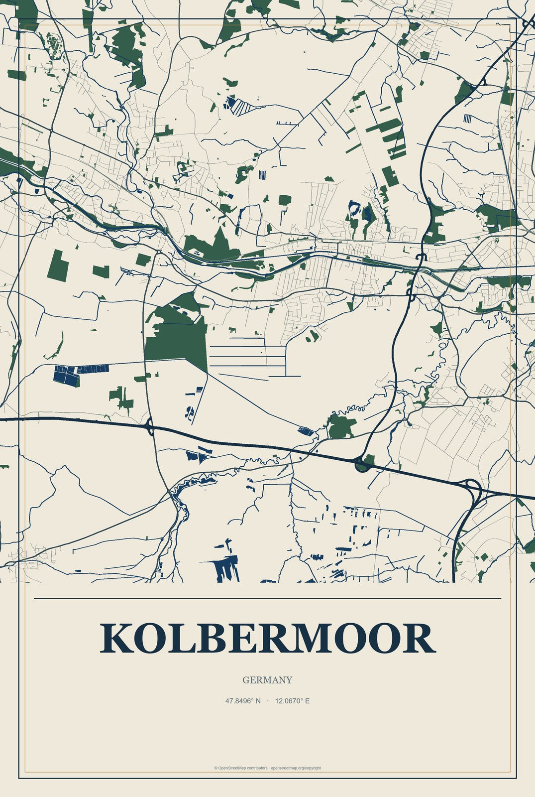 Kolbermoor, Germany City Map Aluminum Sign in Coastal Cutout style