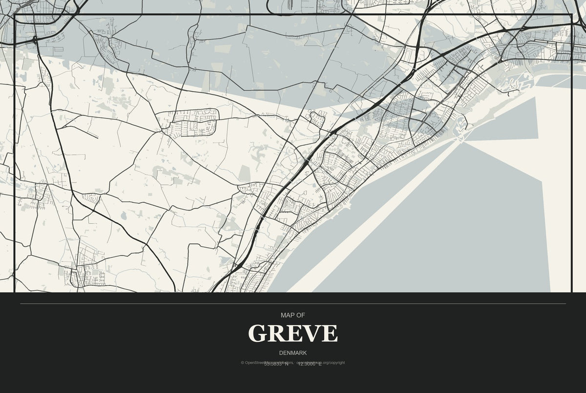 Greve, Denmark City Map Aluminum Sign in Museum Plaque style