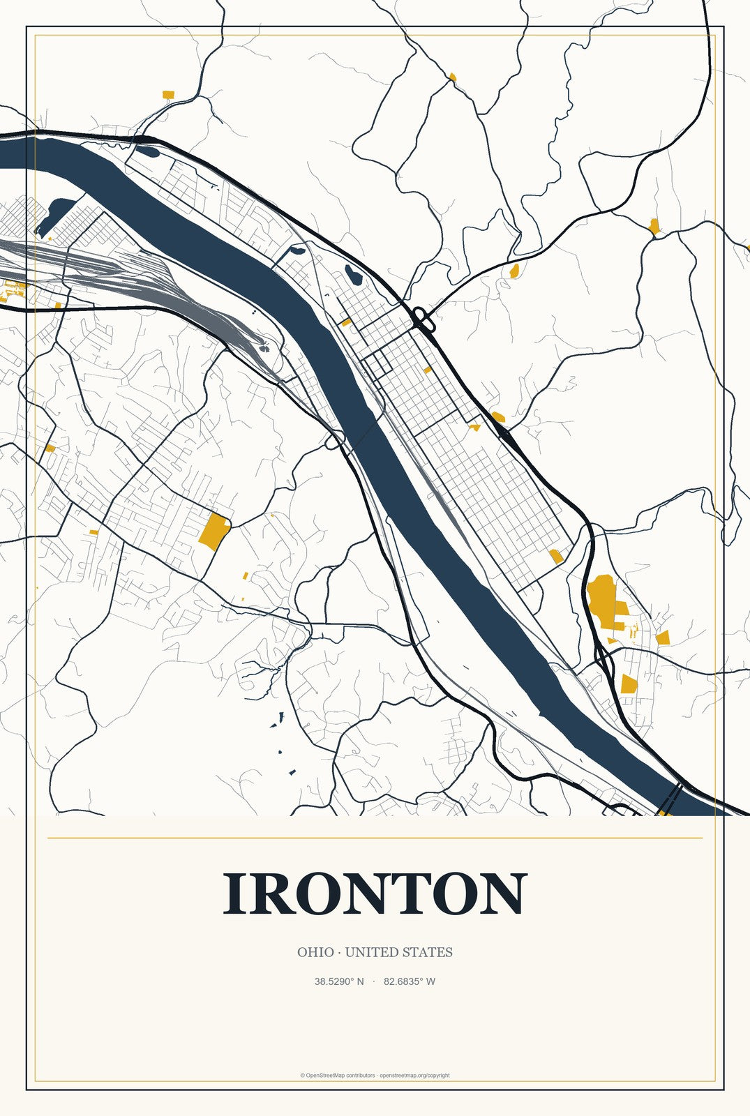 Ironton, Ohio City Map Aluminum Sign in Citrine Modern style