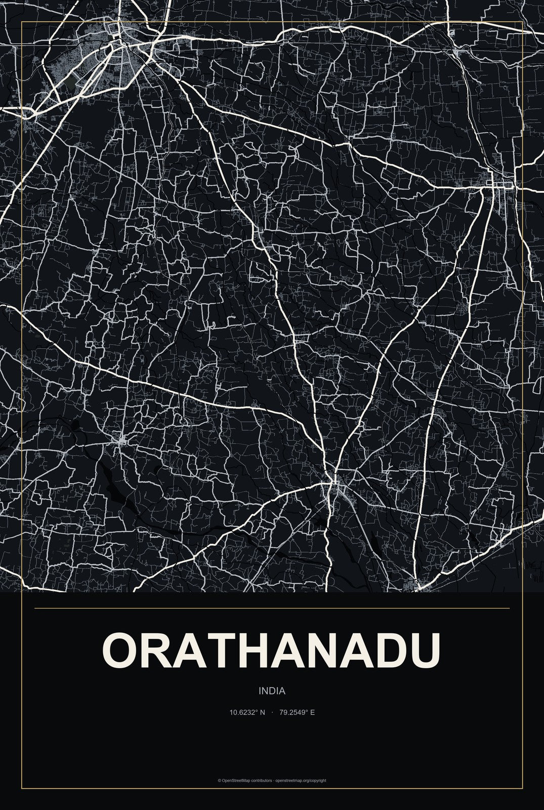 Orathanadu, India City Map Aluminum Sign in Metropolitan Noir style