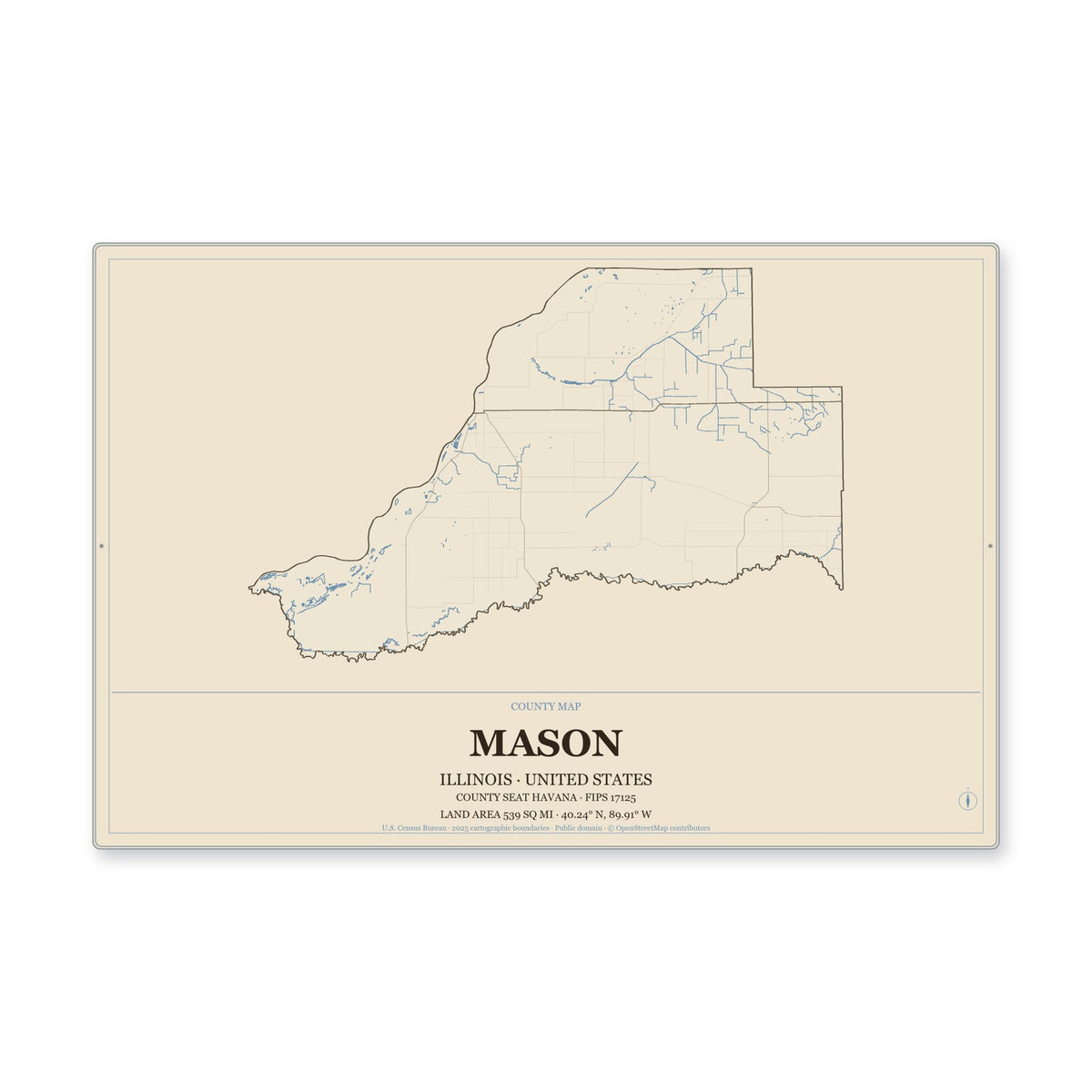 Mason County, Illinois Map Aluminum Sign in Heritage Nautical style