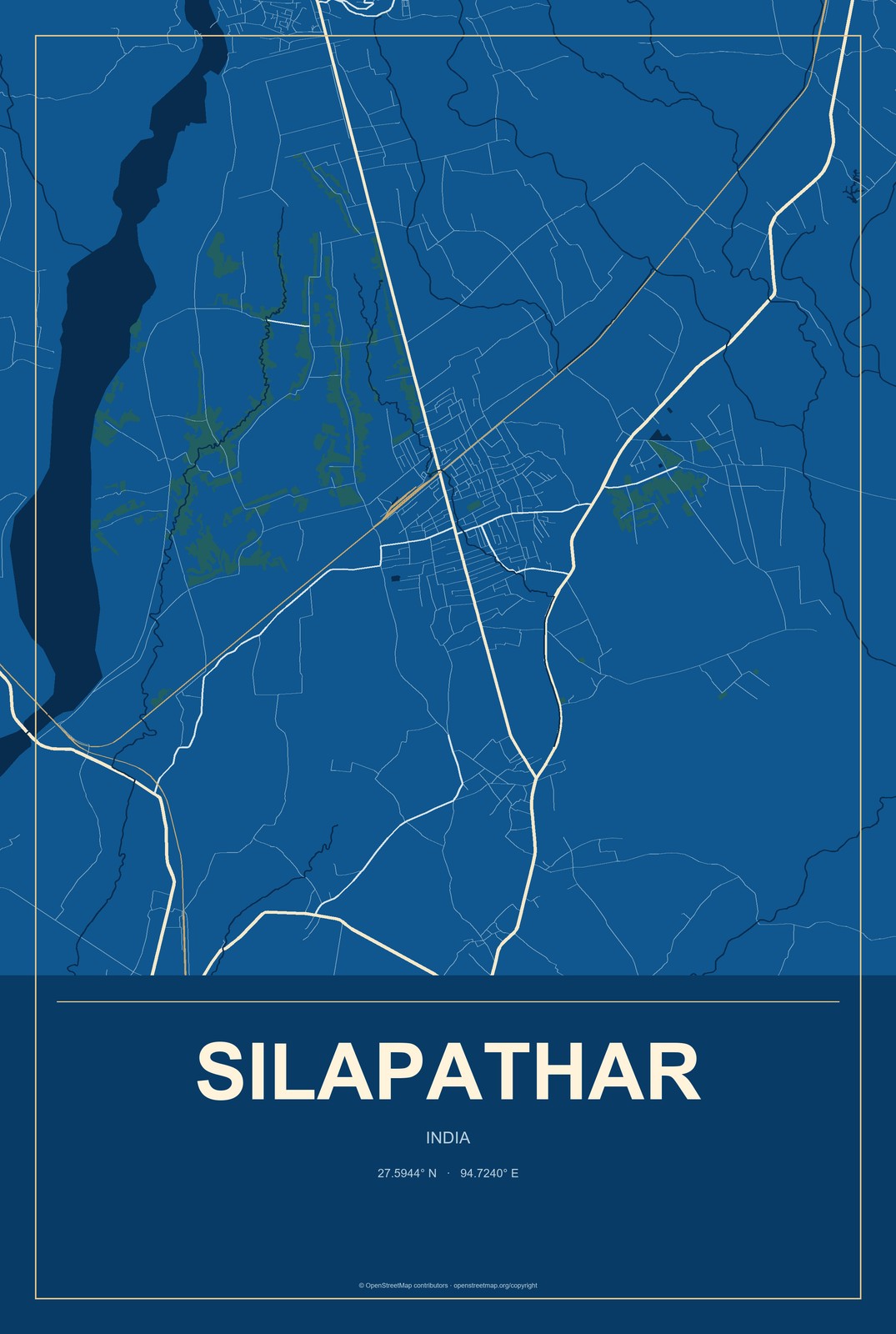 Silapathar, India City Map Aluminum Sign in Harbor Cobalt style