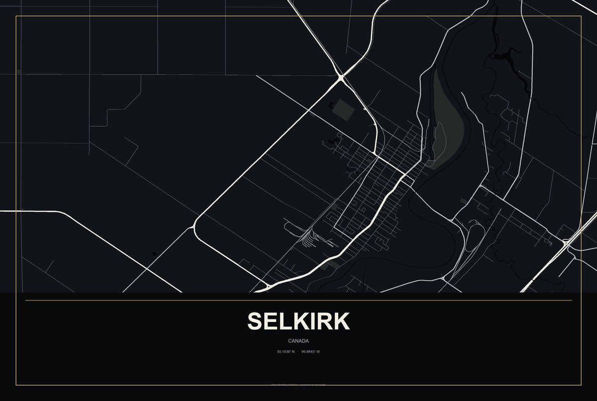 Selkirk, Canada City Map Aluminum Sign in Metropolitan Noir style