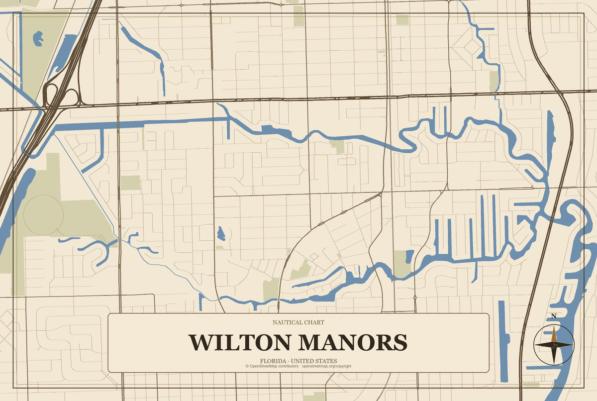 Wilton Manors, Florida City Map Aluminum Sign in Heritage Nautical style