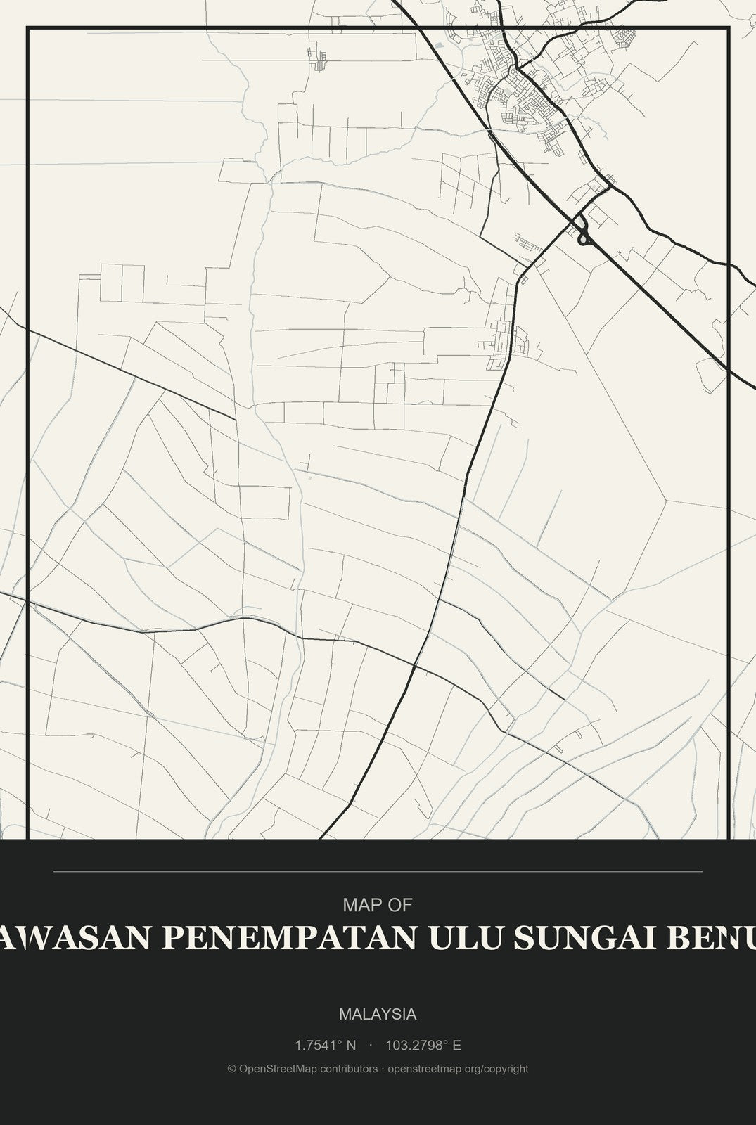 Kawasan Penempatan Ulu Sungai Benut, Malaysia City Map Aluminum Sign in Museum Plaque style