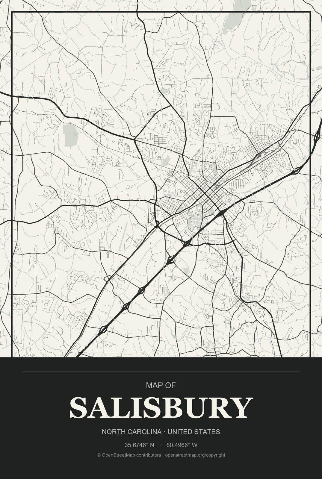 Salisbury, North Carolina City Map Aluminum Sign in Museum Plaque style