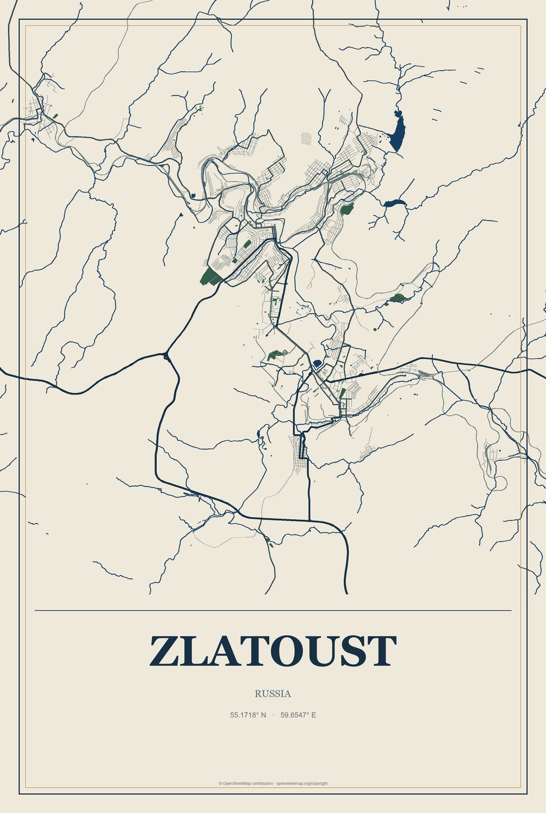 Zlatoust, Russia City Map Aluminum Sign in Coastal Cutout style