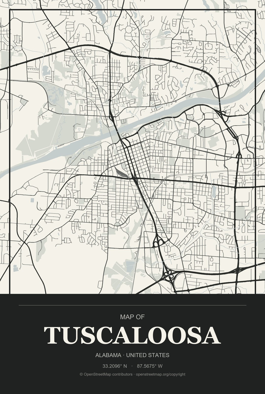 Tuscaloosa, Alabama City Map Aluminum Sign in Museum Plaque style
