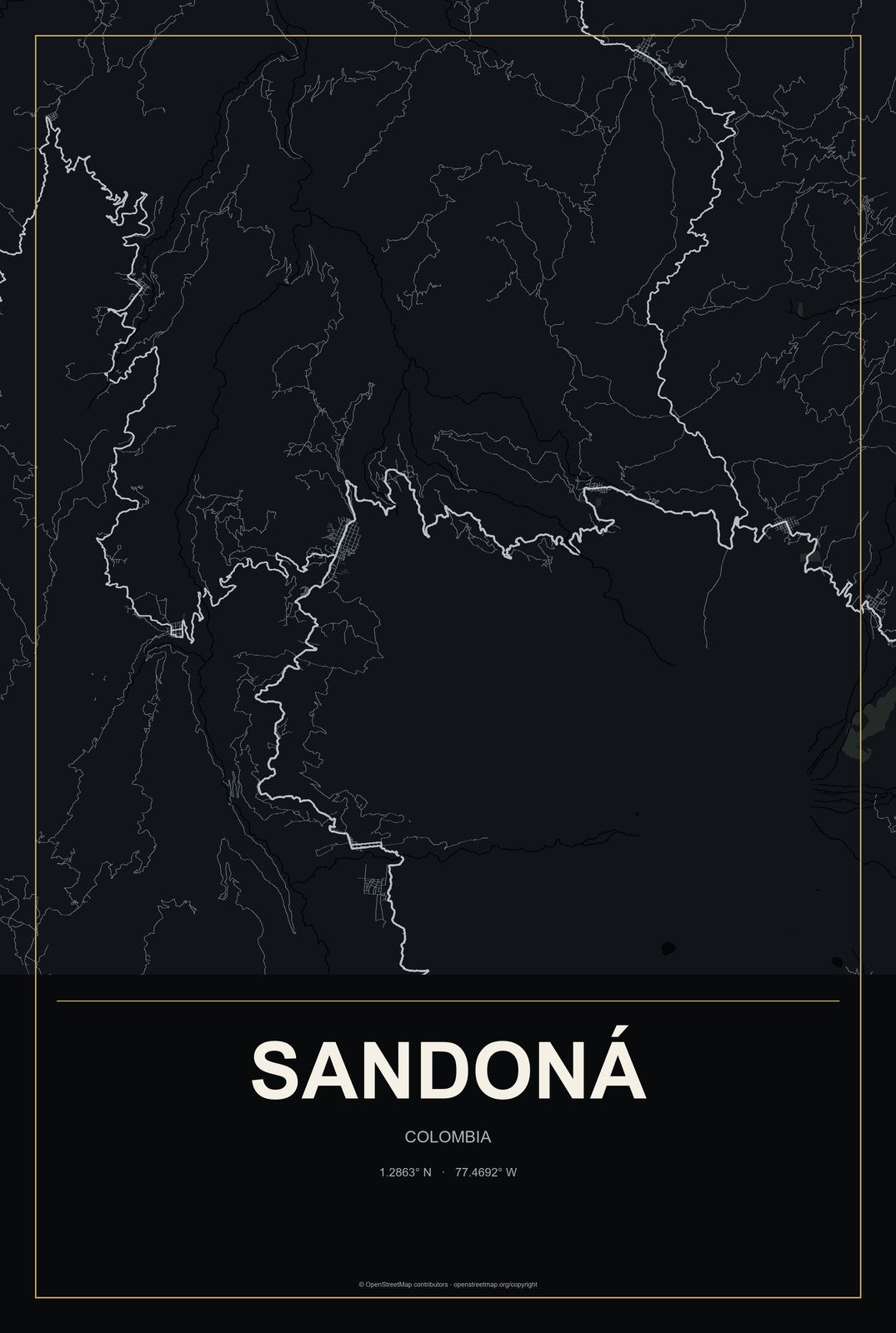 Sandoná, Colombia City Map Aluminum Sign in Metropolitan Noir style