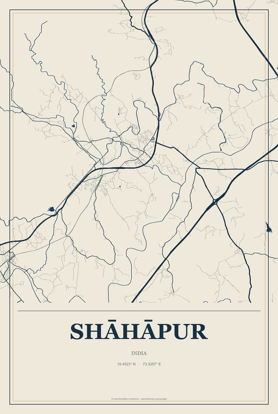 Shāhāpur, India City Map Aluminum Sign in Coastal Cutout style