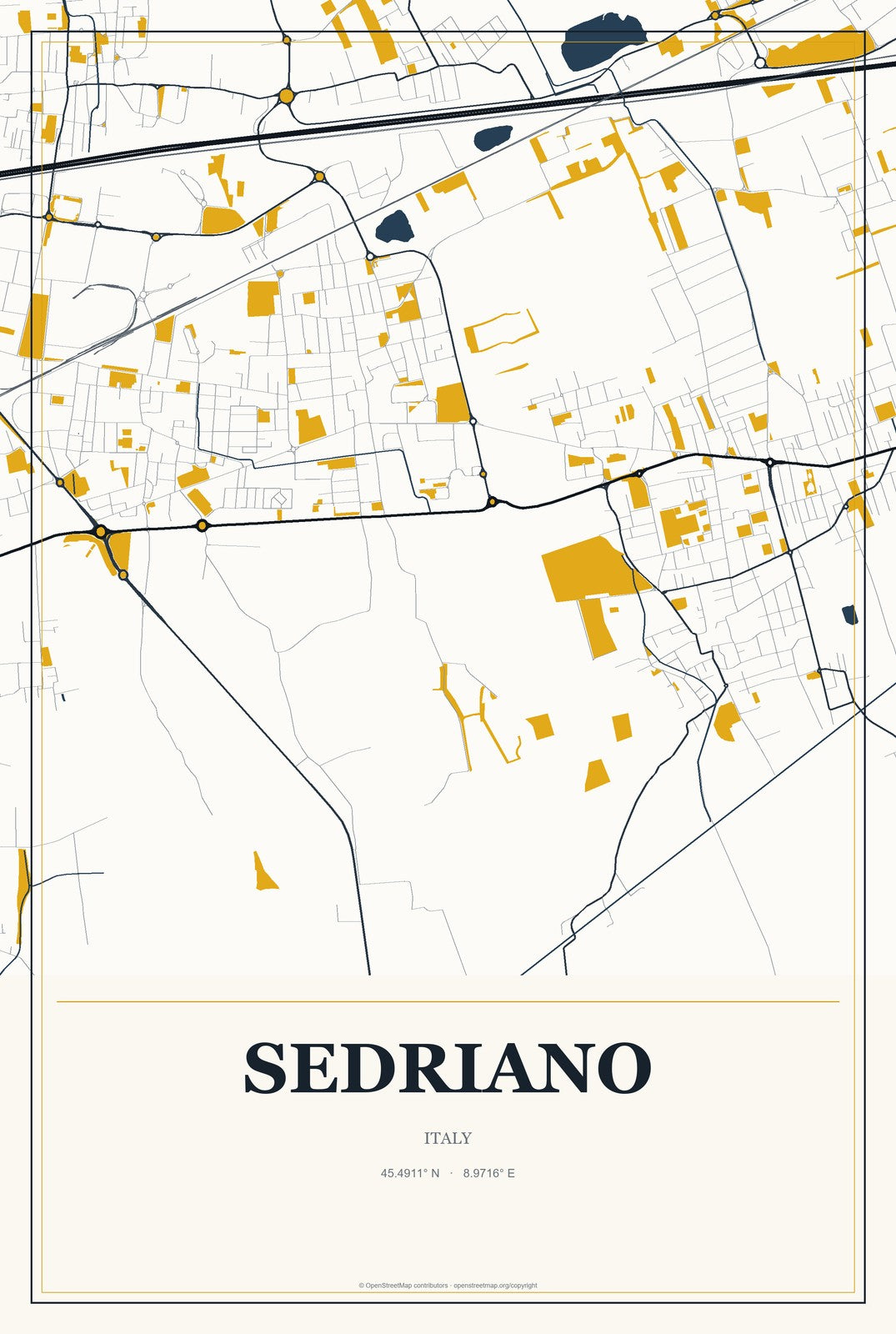 Sedriano, Italy City Map Aluminum Sign in Citrine Modern style