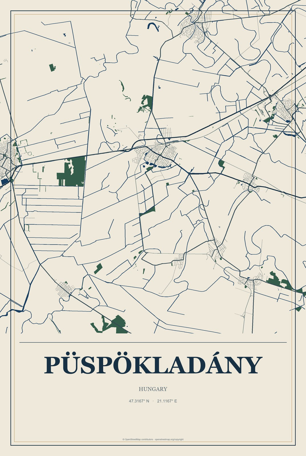 Püspökladány, Hungary City Map Aluminum Sign in Coastal Cutout style