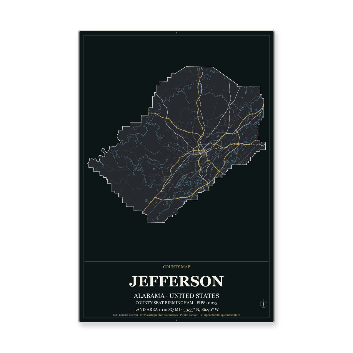 Jefferson County, Alabama Map Aluminum Sign in Metropolitan Noir style