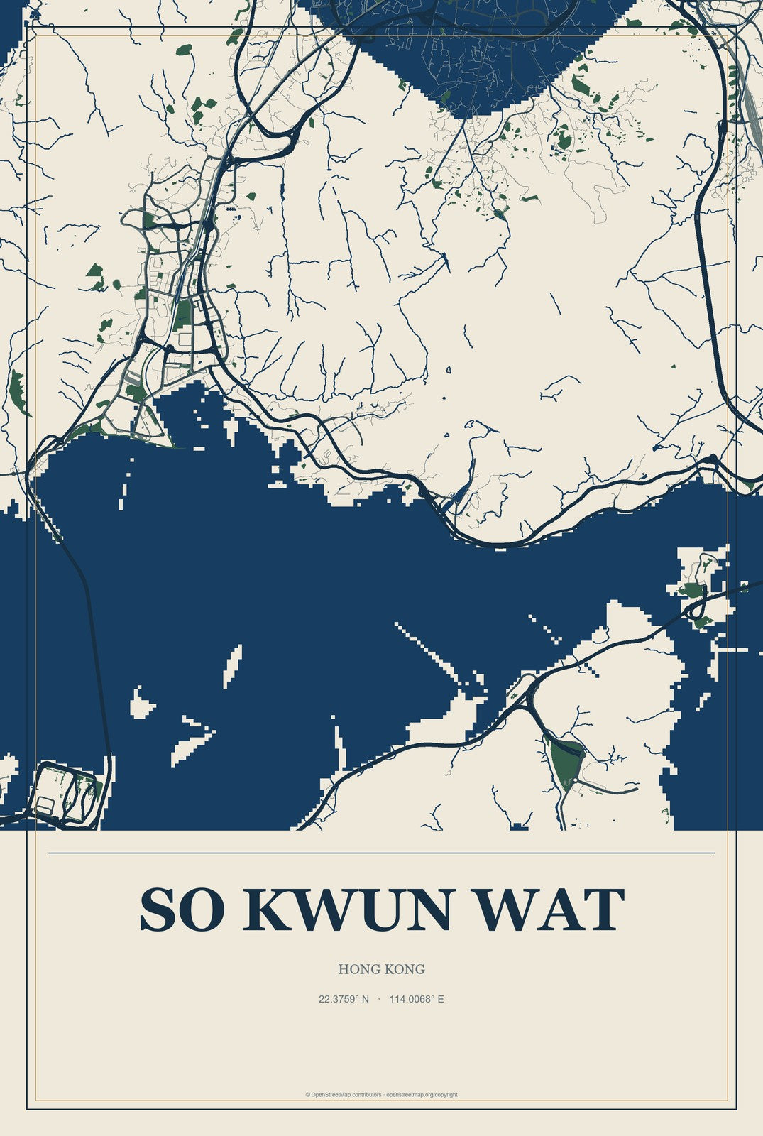 So Kwun Wat, Hong Kong City Map Aluminum Sign in Coastal Cutout style