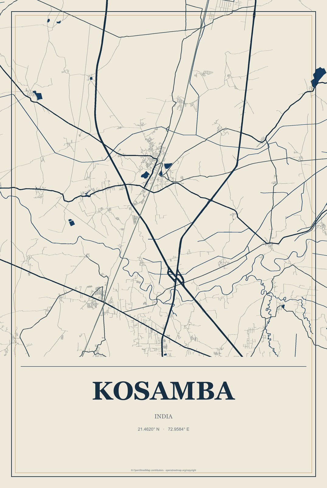 Kosamba, India City Map Aluminum Sign in Coastal Cutout style