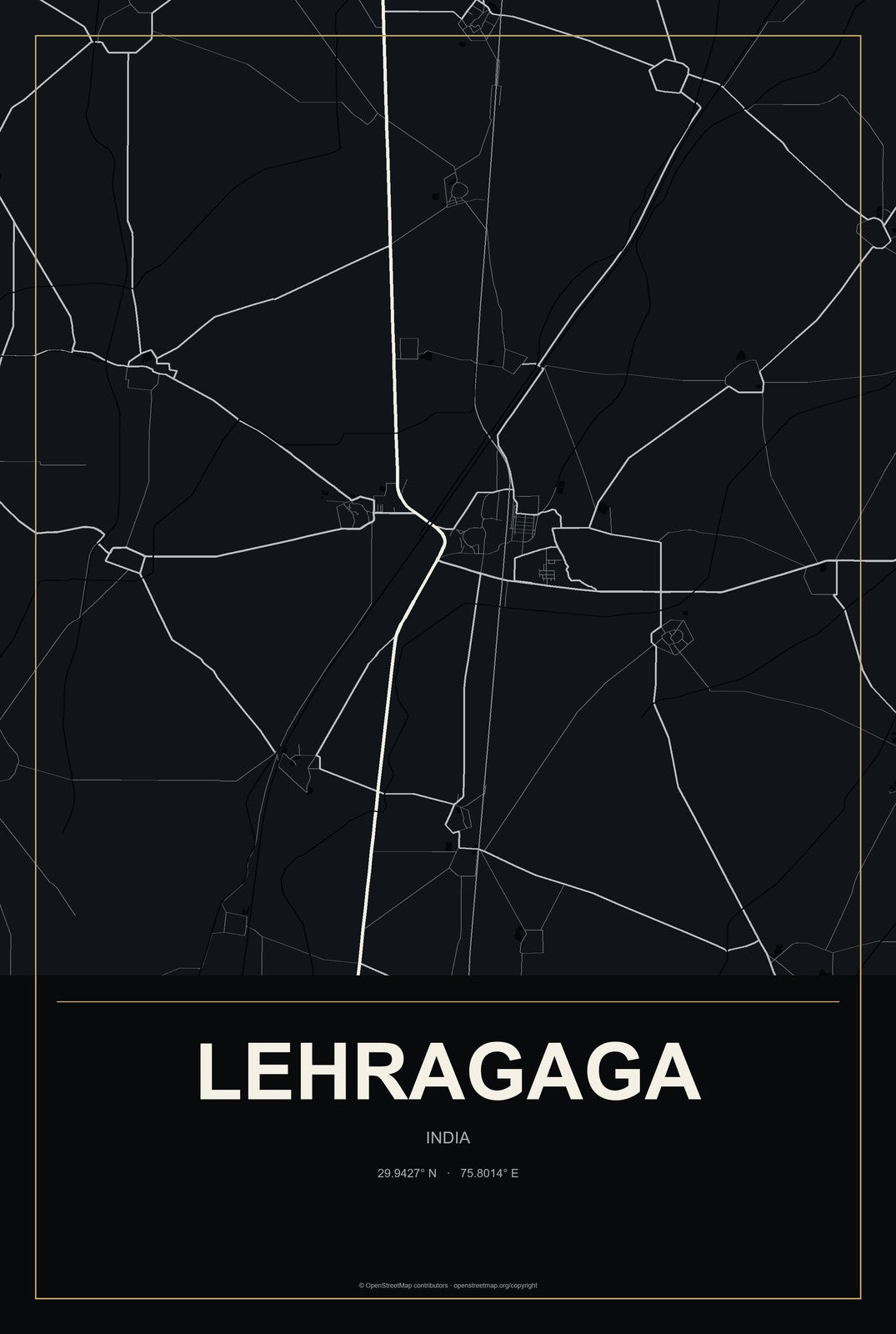 Lehragaga, India City Map Aluminum Sign in Metropolitan Noir style