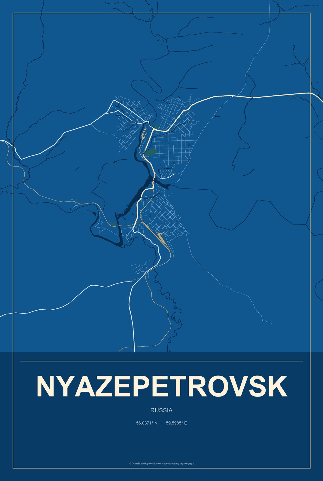 Nyazepetrovsk, Russia City Map Aluminum Sign in Harbor Cobalt style
