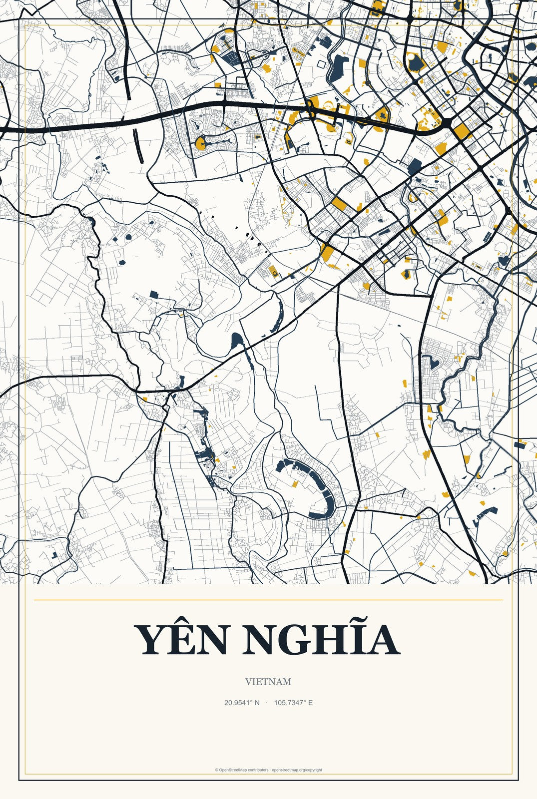 Yên Nghĩa, Vietnam City Map Aluminum Sign in Citrine Modern style