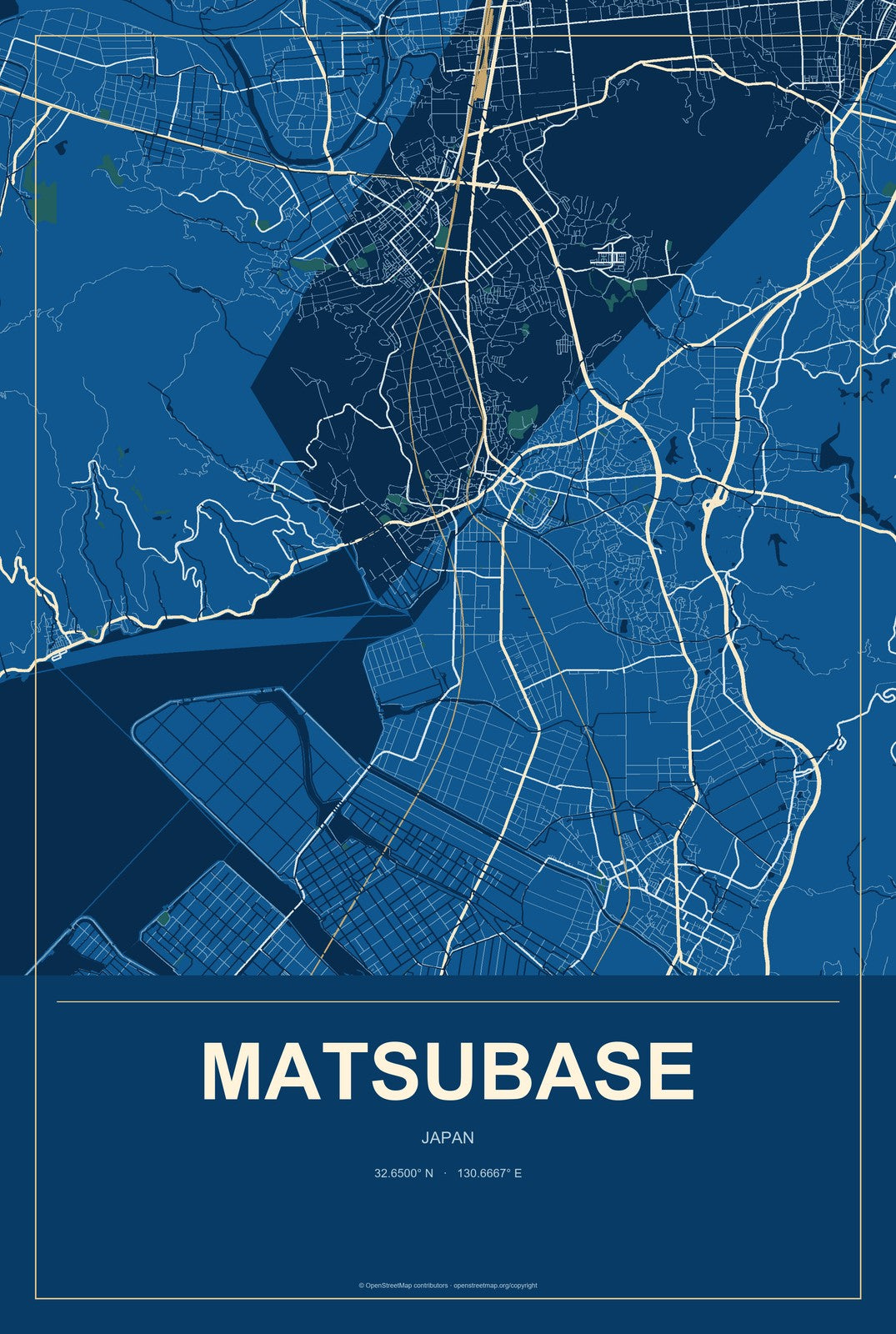 Matsubase, Japan City Map Aluminum Sign in Harbor Cobalt style