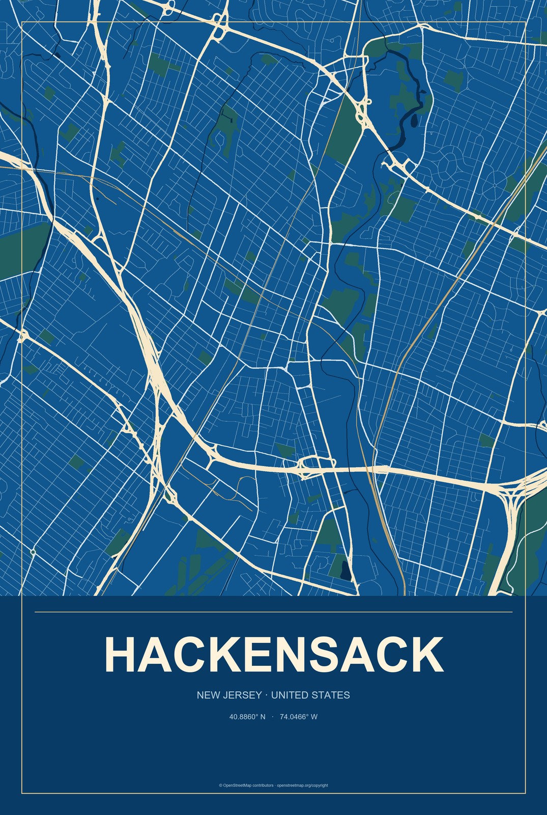 Hackensack, New Jersey City Map Aluminum Sign in Harbor Cobalt style