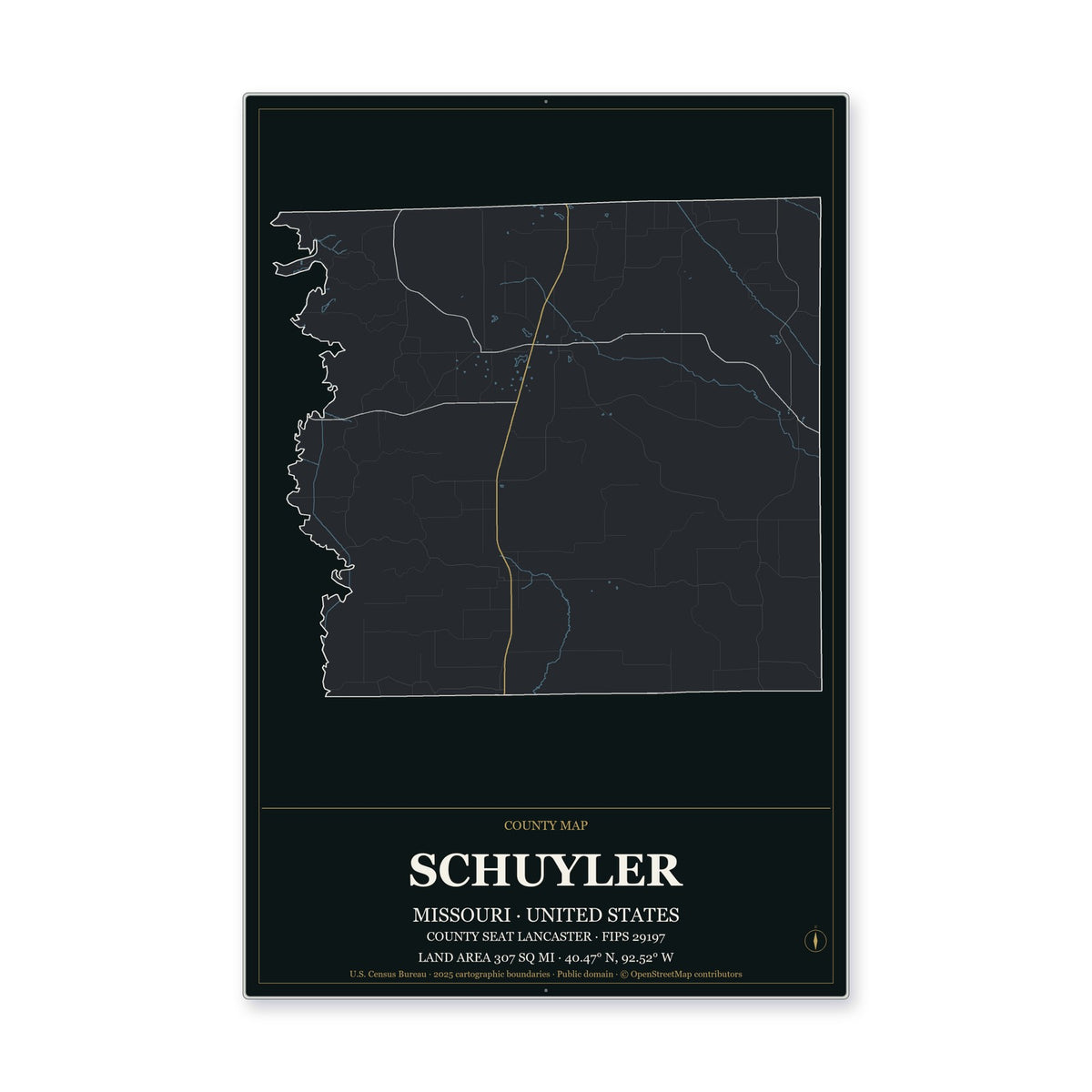 Schuyler County, Missouri Map Aluminum Sign in Metropolitan Noir style