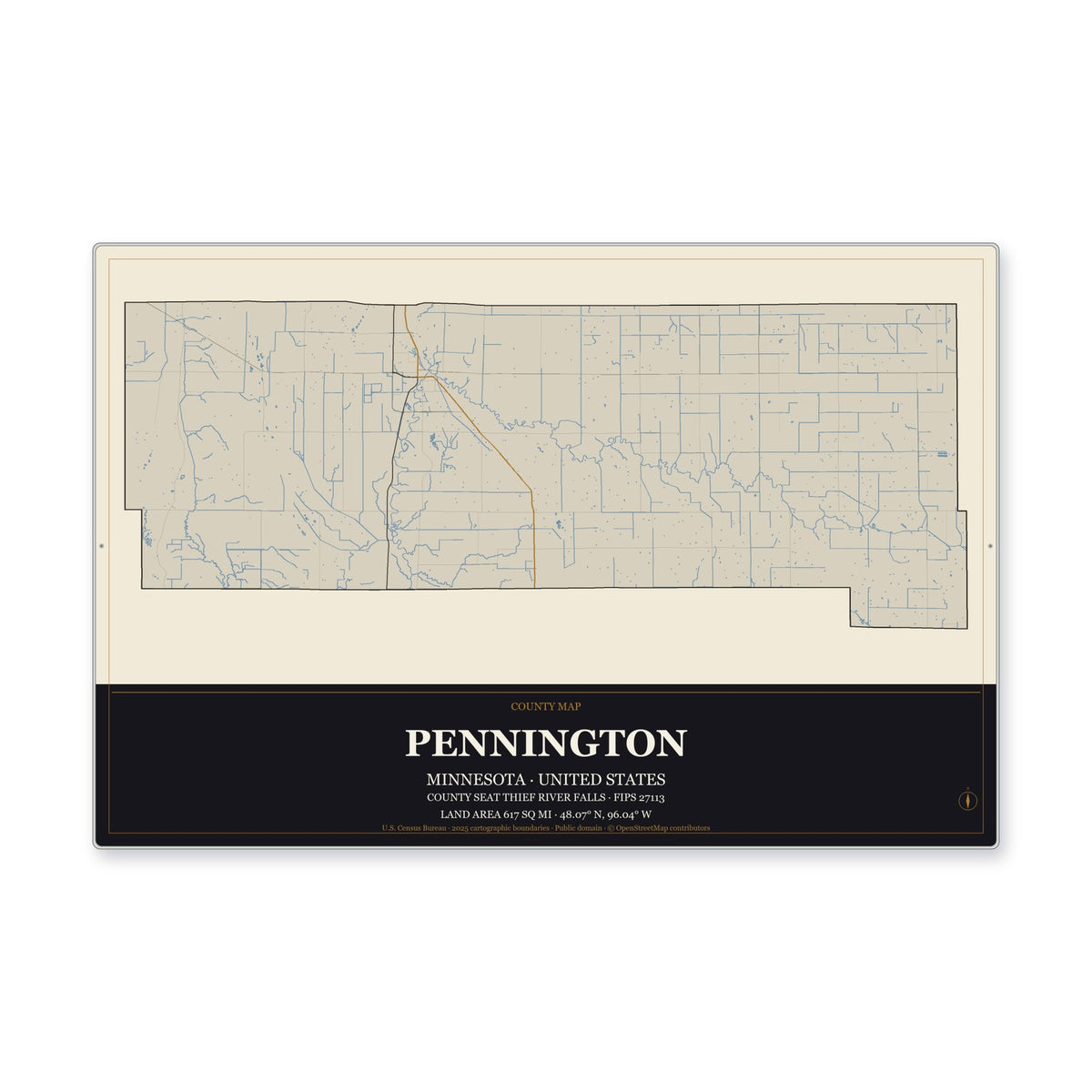 Pennington County, Minnesota Map Aluminum Sign in Museum Plaque style