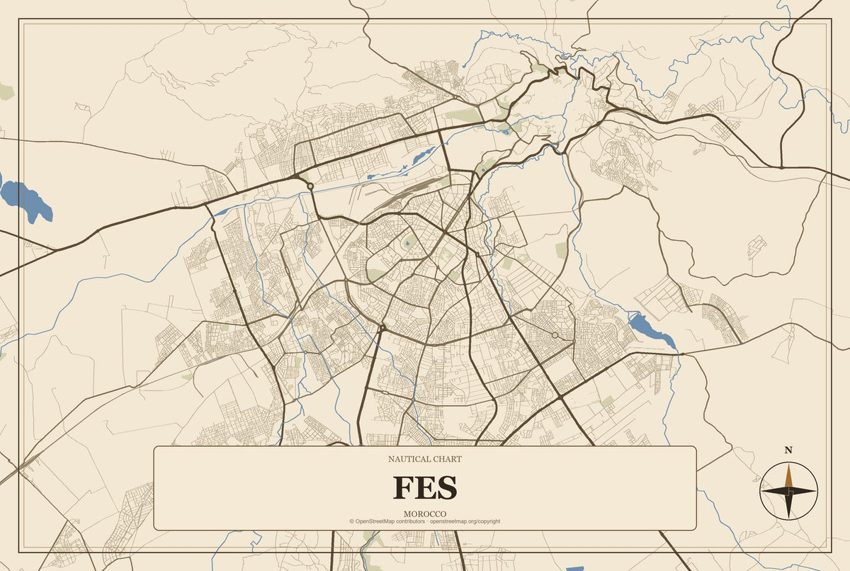 Fes, Morocco City Map Aluminum Sign in Heritage Nautical style