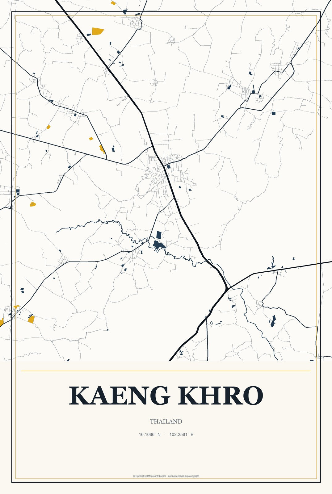 Kaeng Khro, Thailand City Map Aluminum Sign in Citrine Modern style