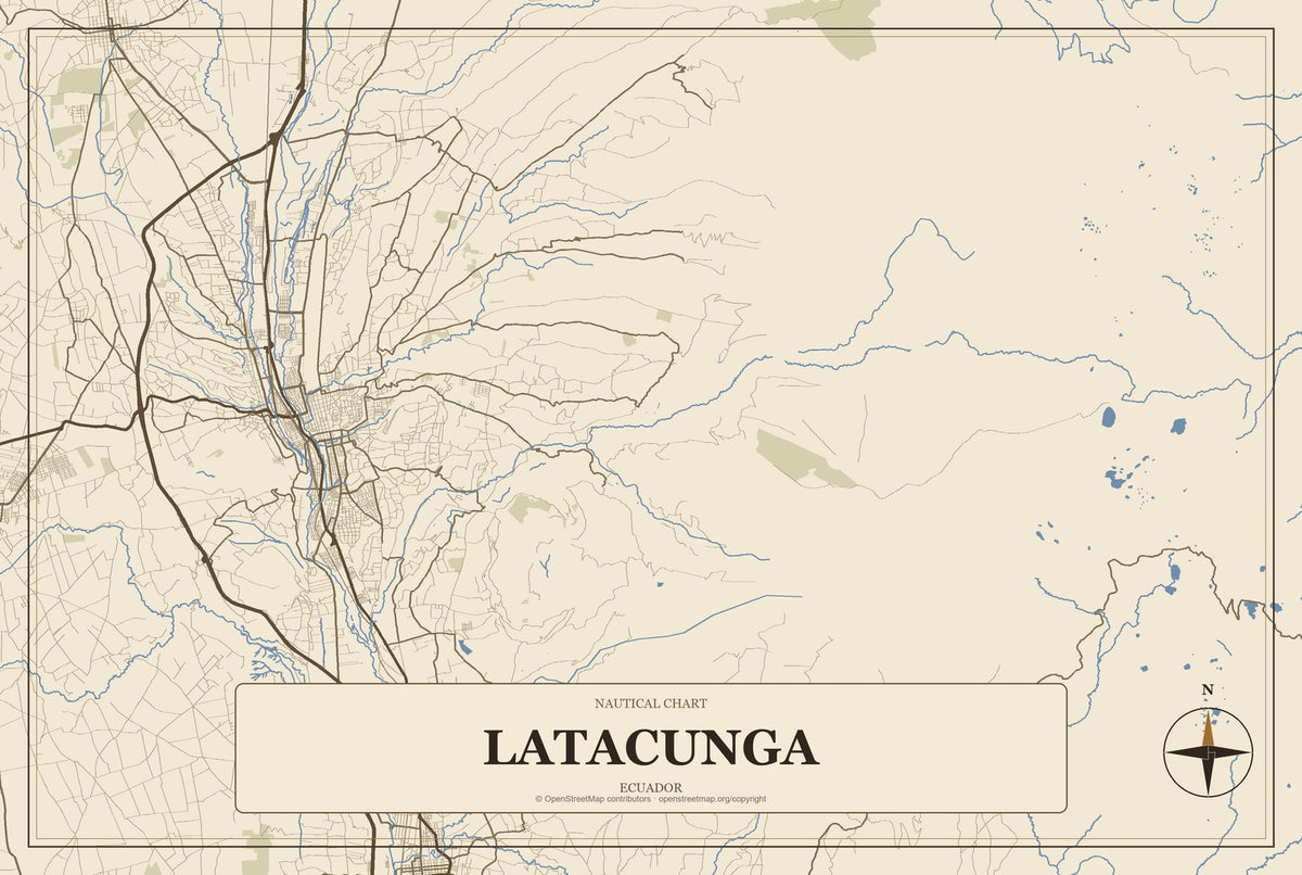 Latacunga, Ecuador City Map Aluminum Sign in Heritage Nautical style