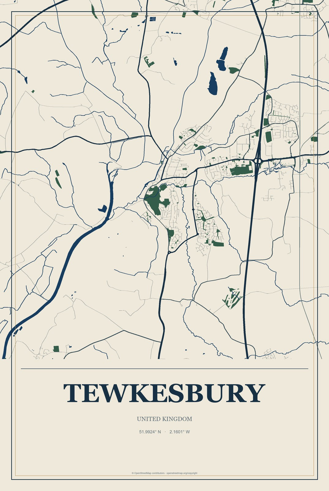 Tewkesbury, United Kingdom City Map Aluminum Sign in Coastal Cutout style