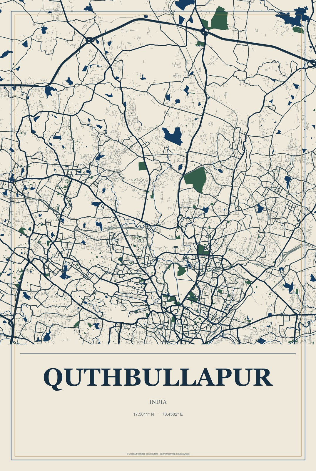 Quthbullapur, India City Map Aluminum Sign in Coastal Cutout style
