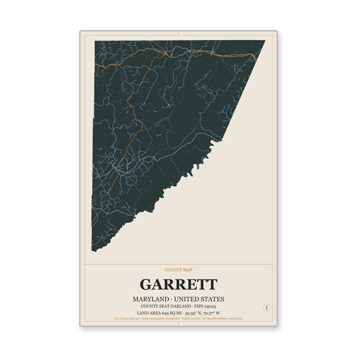 Garrett County, Maryland Map Aluminum Sign in Headline Atlas style