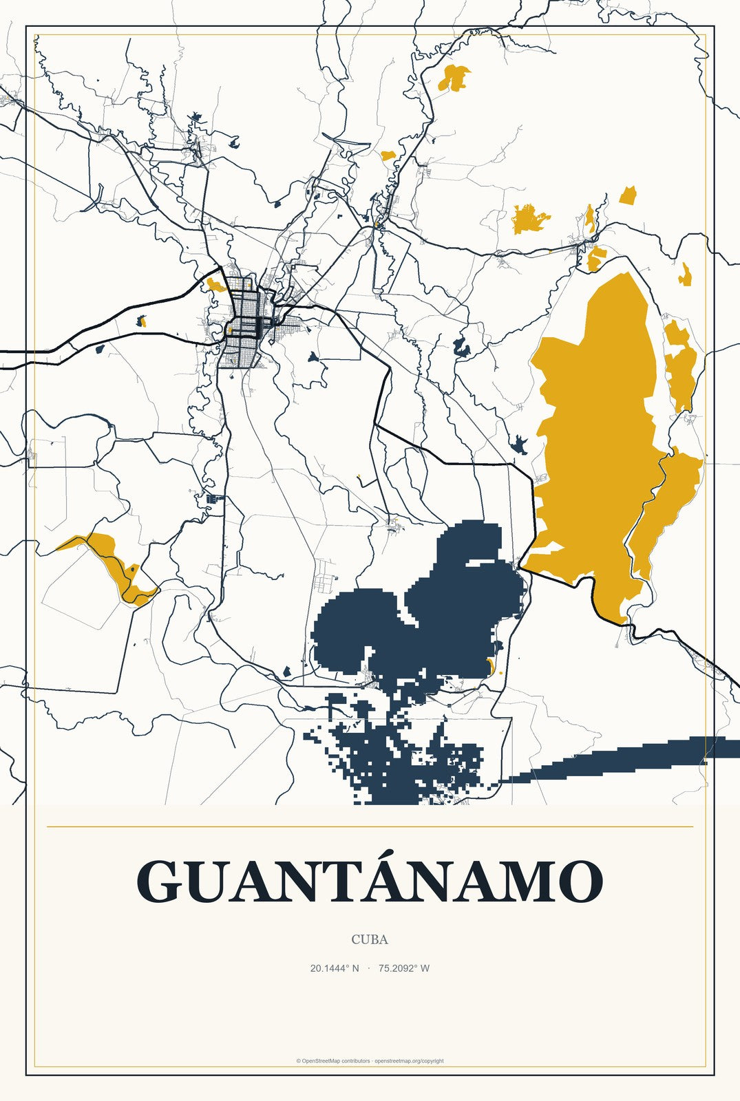 Guantánamo, Cuba City Map Aluminum Sign in Citrine Modern style