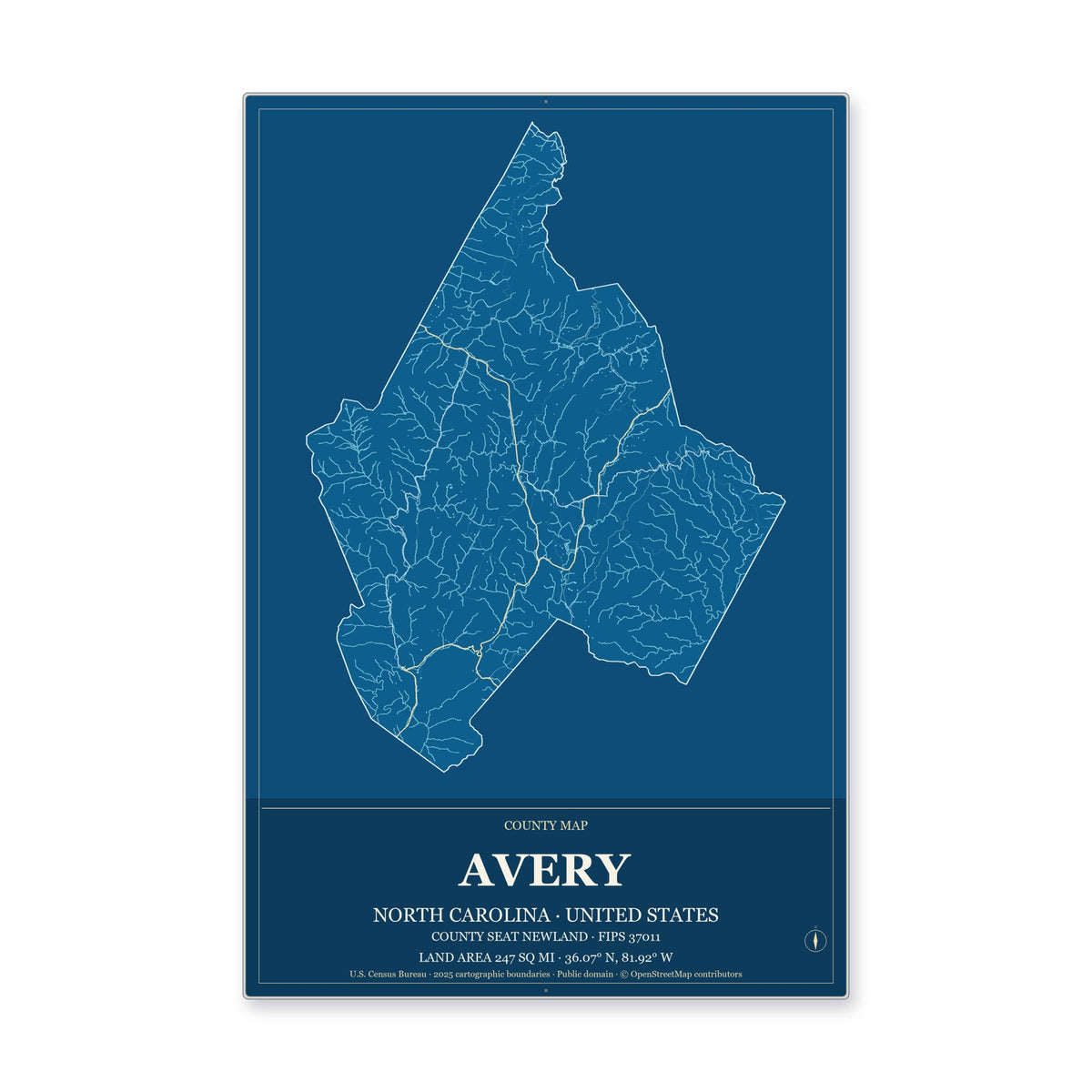 Avery County, North Carolina Map Aluminum Sign in Harbor Cobalt style